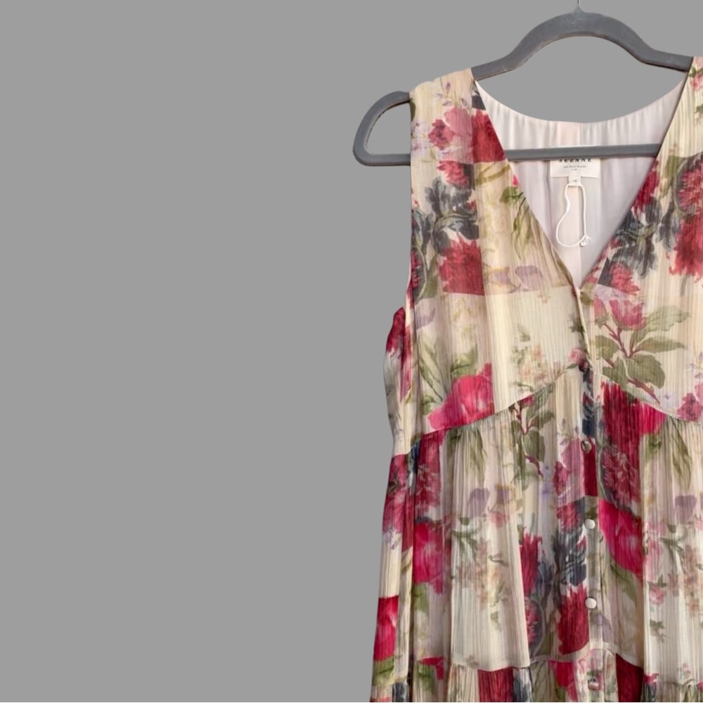 SEZANE Cream Red Rose Floral Patchwork Sleeveless Flowy Silk Alameda Maxi Dress - Picture 6 of 14